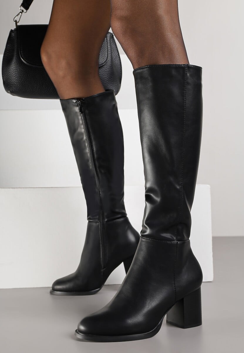 Czarne Kozaki na Słupku VICES z Ozdobnym Przeszyciem Liladevia