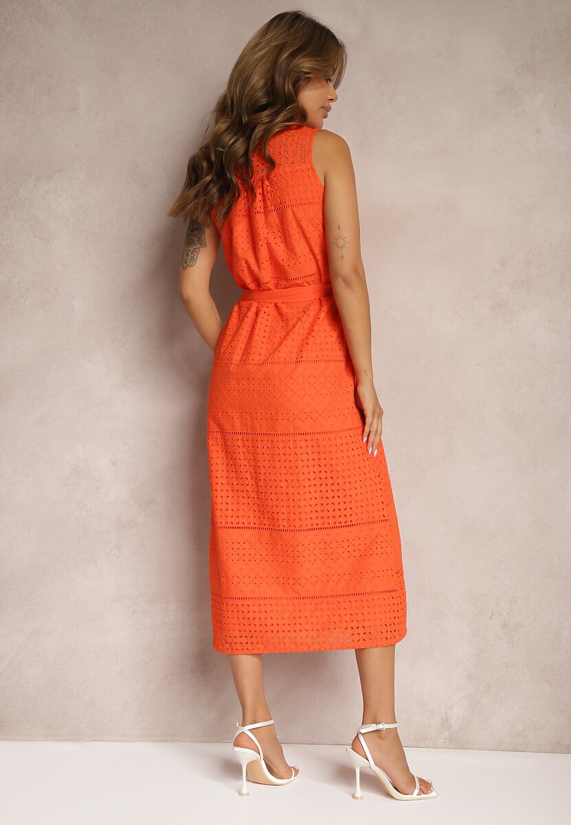 Pomarańczowa Ażurowa Sukienka z Bawełny o Koszulowym Kroju z Materiałowym Paskiem Vikiisara