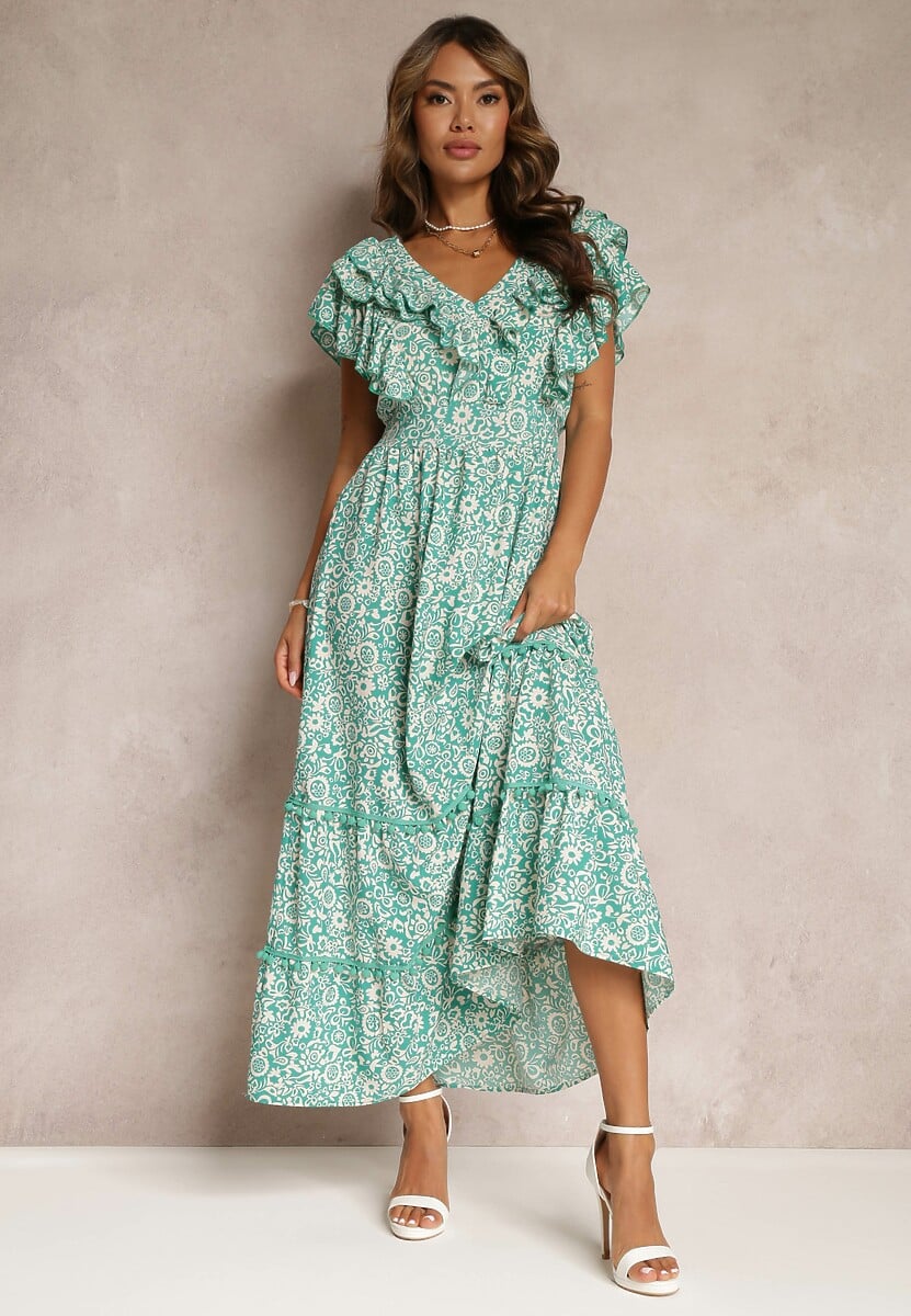 Zielona Wiskozowa Sukienka Maxi z Falbanką przy Dekolcie i Gumką w Pasie Lamimore