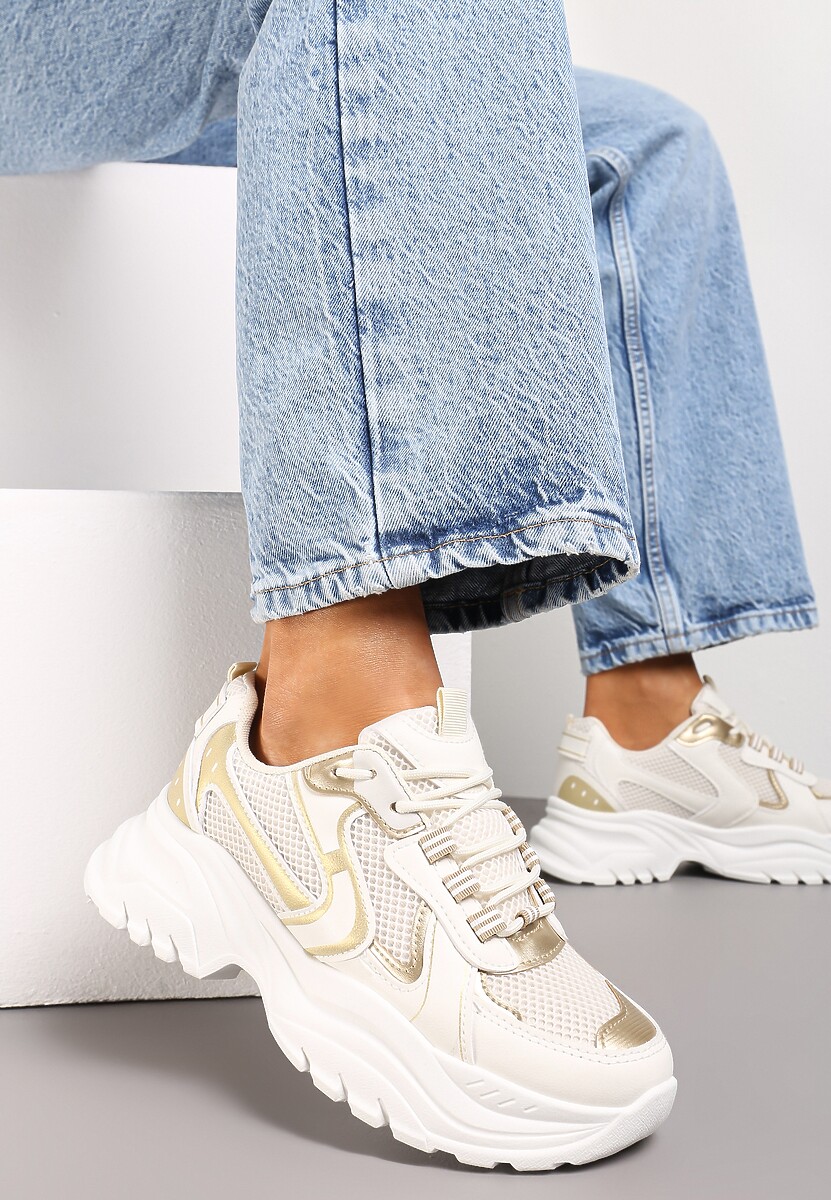 Beżowe Sneakersy z Przeszyciami i Wstawkami z Metalicznej Ekoskóry Tineal