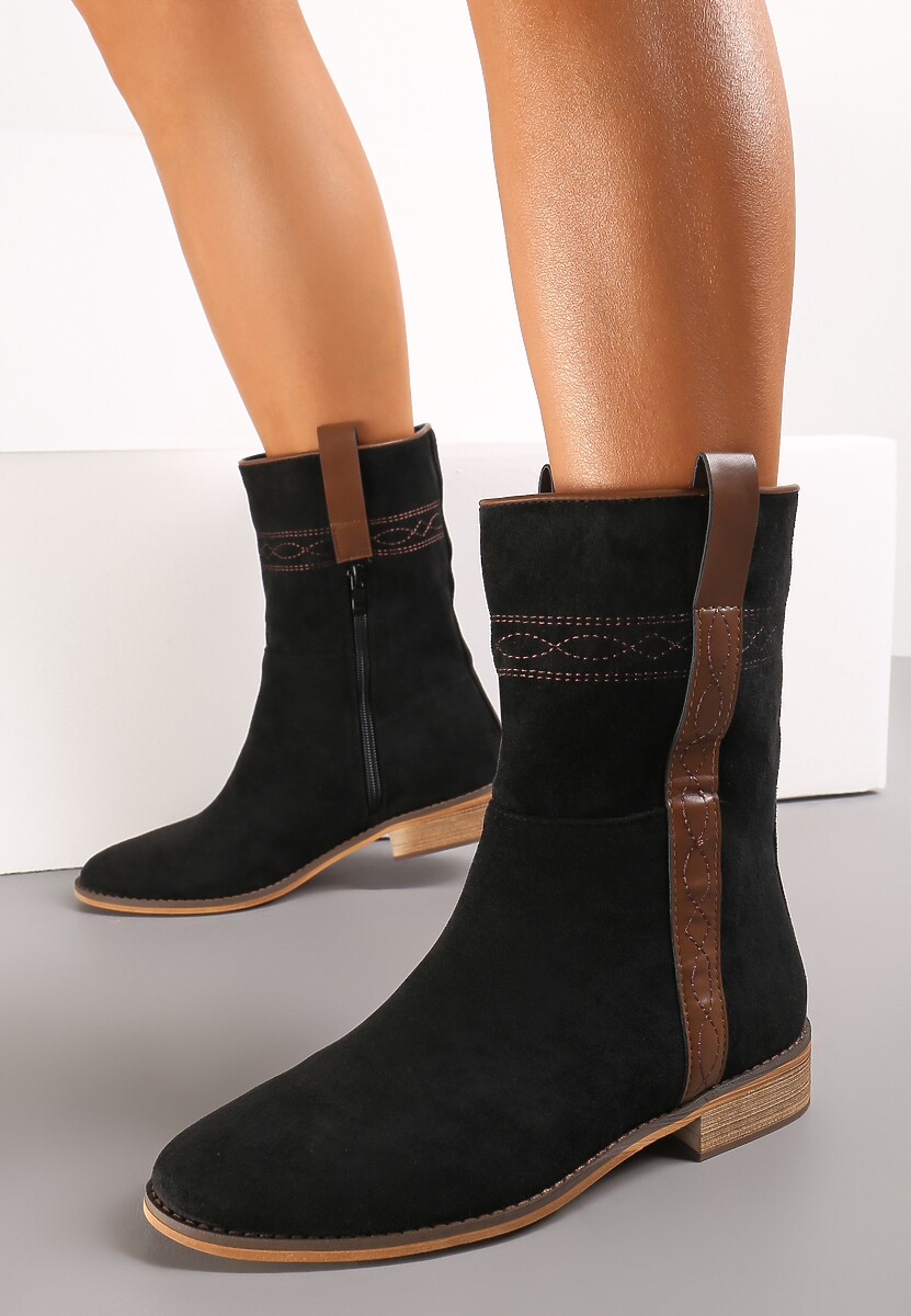 Czarne Płaskie Botki Ozdobione Haftem i Paskiem Boho Milosva