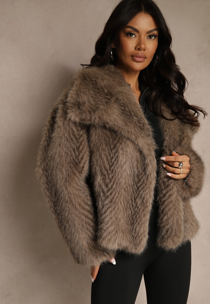 Beżowa Kurtka Futerko Ozdobione Cieniowanym Motywem Monideva