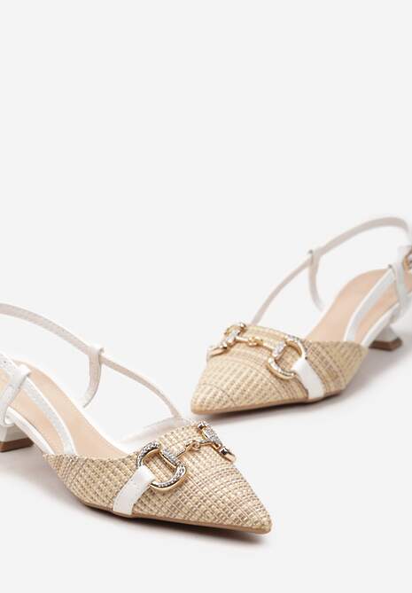 Białe Sandały Ozdobione Plecionką na Niskim Obcasie Zapinane na Sprzączkę wokół Kostki Ilottia