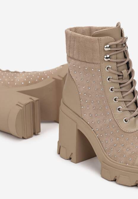 Ciemnobeżowe Botki Sznurowane na Słupku Hiesore