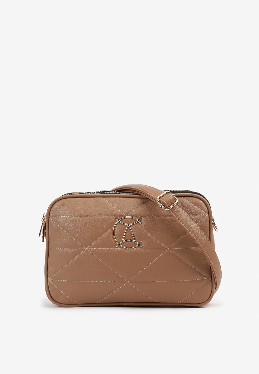 Ciemnobeżowa Mała Torebka Typu Listonoszka Ozdobiona Metalową Aplikacją z Regulowanym Paskiem Everenna