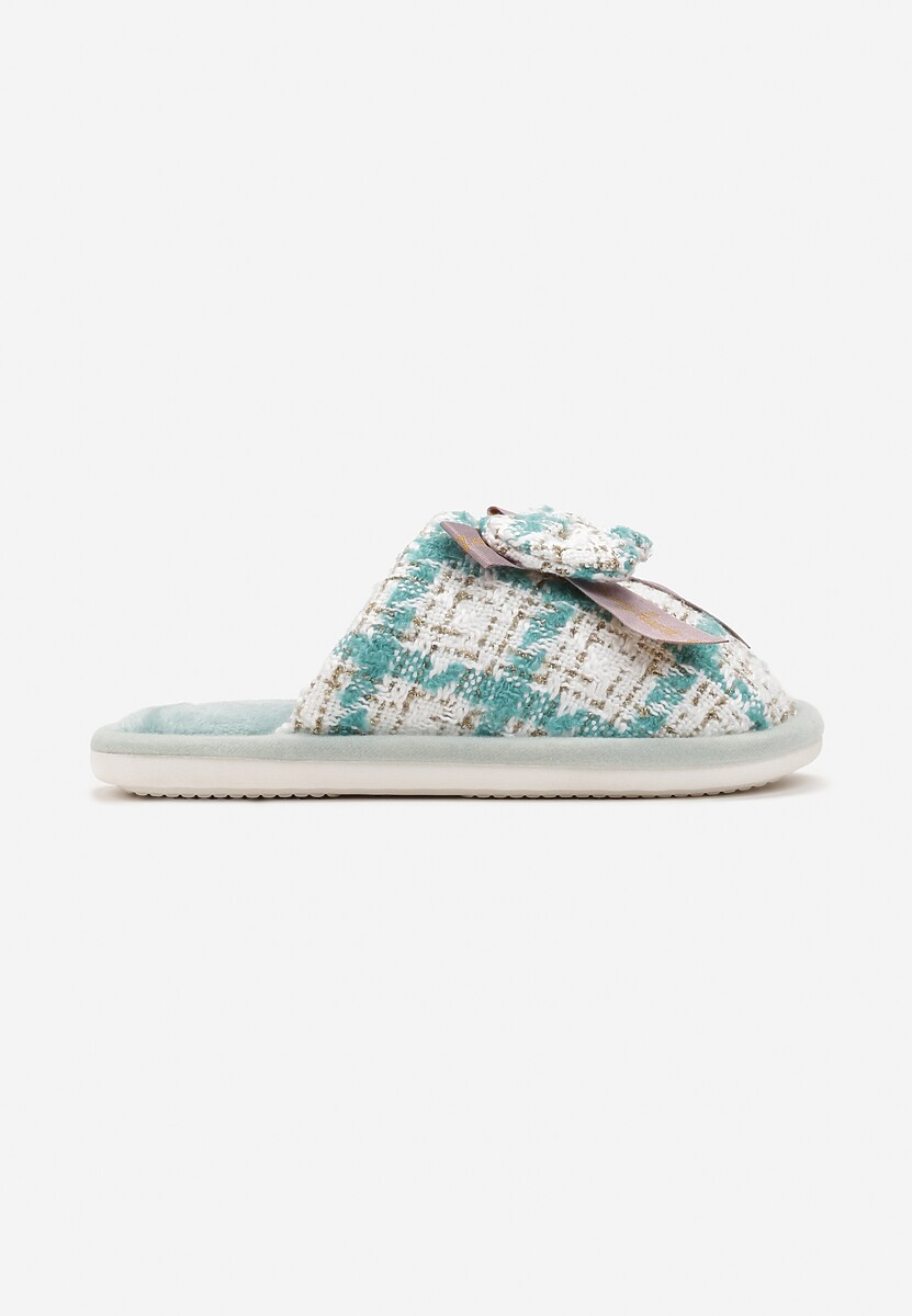 Zielone Wsuwane Kapcie w Kratkę z Metalicznej Nici z Kokardką z Przodu Kapati