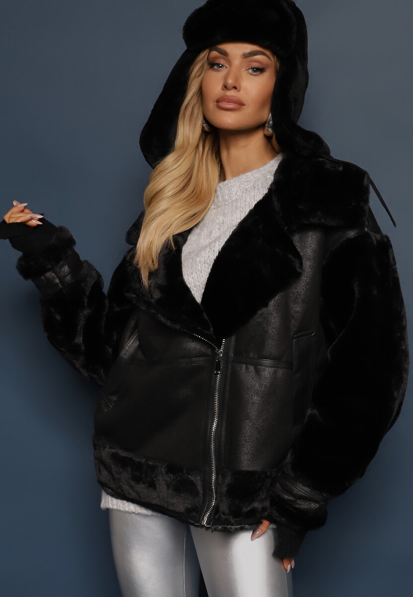 Czarna Kurtka Pilotka z Ozdobnym Futerkiem Grapela