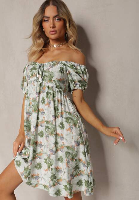 Zielono-Beżowa Sukienka z Wiązanym Dekoltem i Bufiastymi Rękawami z Gumką z Tyłu w Kwiatowy Wzór Vikolla