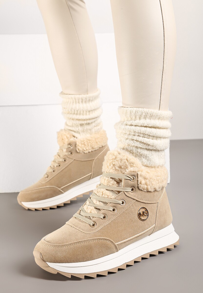 Ciemnobeżowe Sneakersy z Ekozamszu z Futrzaną Wyściółką Etaylla