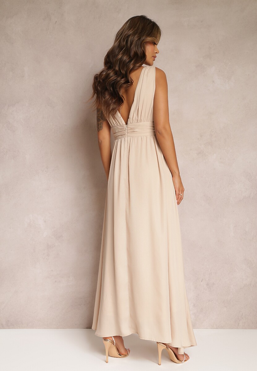 Beżowa Rozkloszowana Sukienka Maxi na Ramiączkach z Rozcięciem Ernames