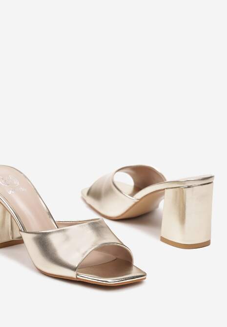 Złote Wsuwane Klapki z Ekoskóry na Obcasie Słupkowym Kaviana