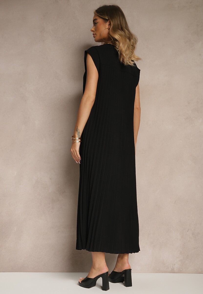 Czarna Sukienka Ozdobiona Plisami Mavellea