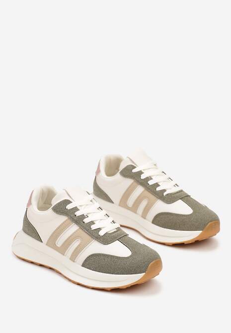 Zielone Sznurowane Sneakersy na Płaskiej Podeszwie Ozdobione Paskami Nevlaia