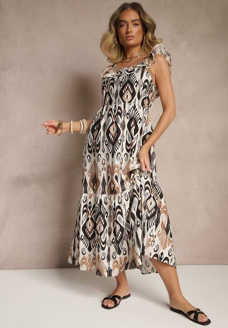 Czarna Sukienka Rozkloszowana Wiskozowa Wiązana na Plecach we Wzór Boho Turieza