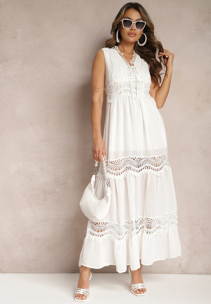 Biała Maxi Sukienka o Rozkloszowanym Kroju z Ażurowymi Wstawkami Litulla