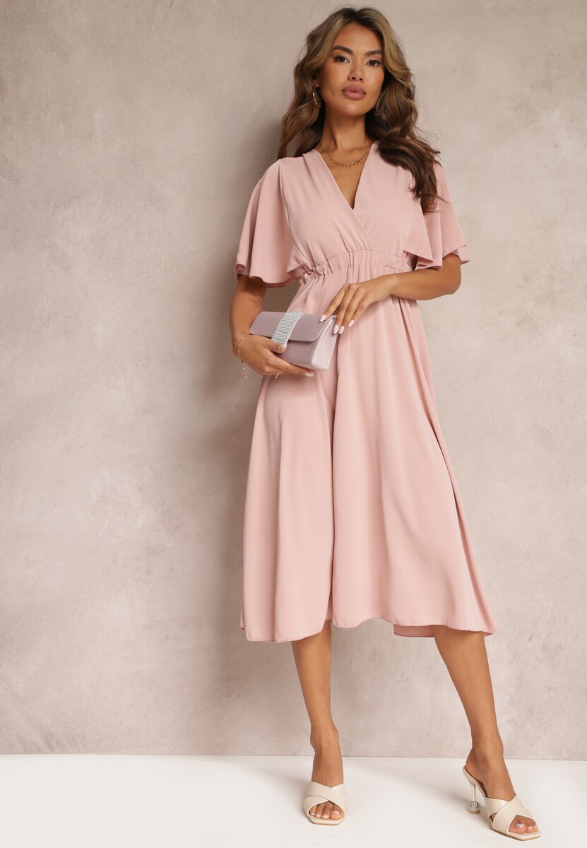 Ciemnoróżowa Sukienka z Gumką w Talii Krótkim Rękawem i Kopertowym Dekoltem Kelila