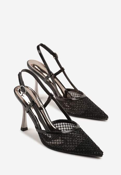 Czarne Sandały na Szpilce Vices z Siateczkową Cholewką z Cyrkoniami Liramire