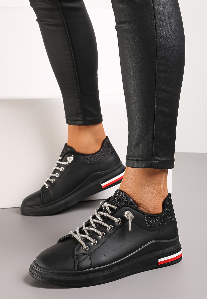 Czarne Sneakersy Ozdobione Brokatem z Cyrkoniami na Sznurowadłach Nilena