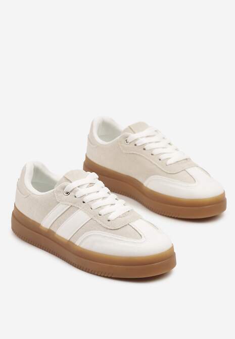 Biało-Beżowe Sneakersy Tenisówki Ozdobione Paskami Falaviela