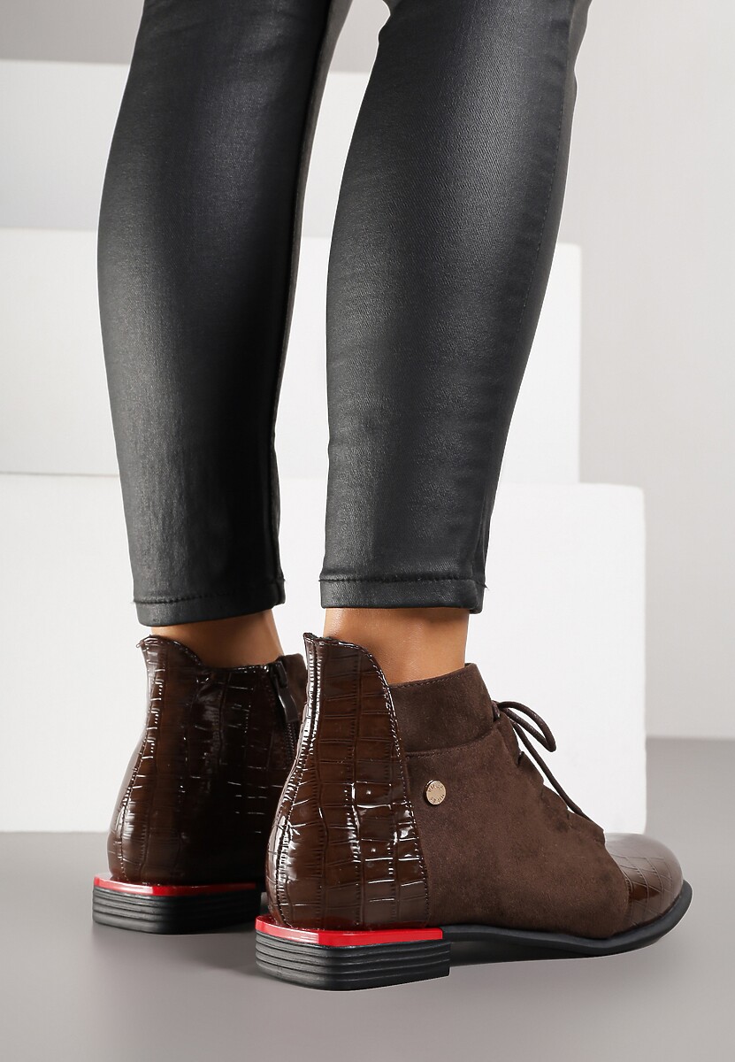 Brązowe Botki Lakierowane Vices Ozdobione Tłoczeniem Uzvila