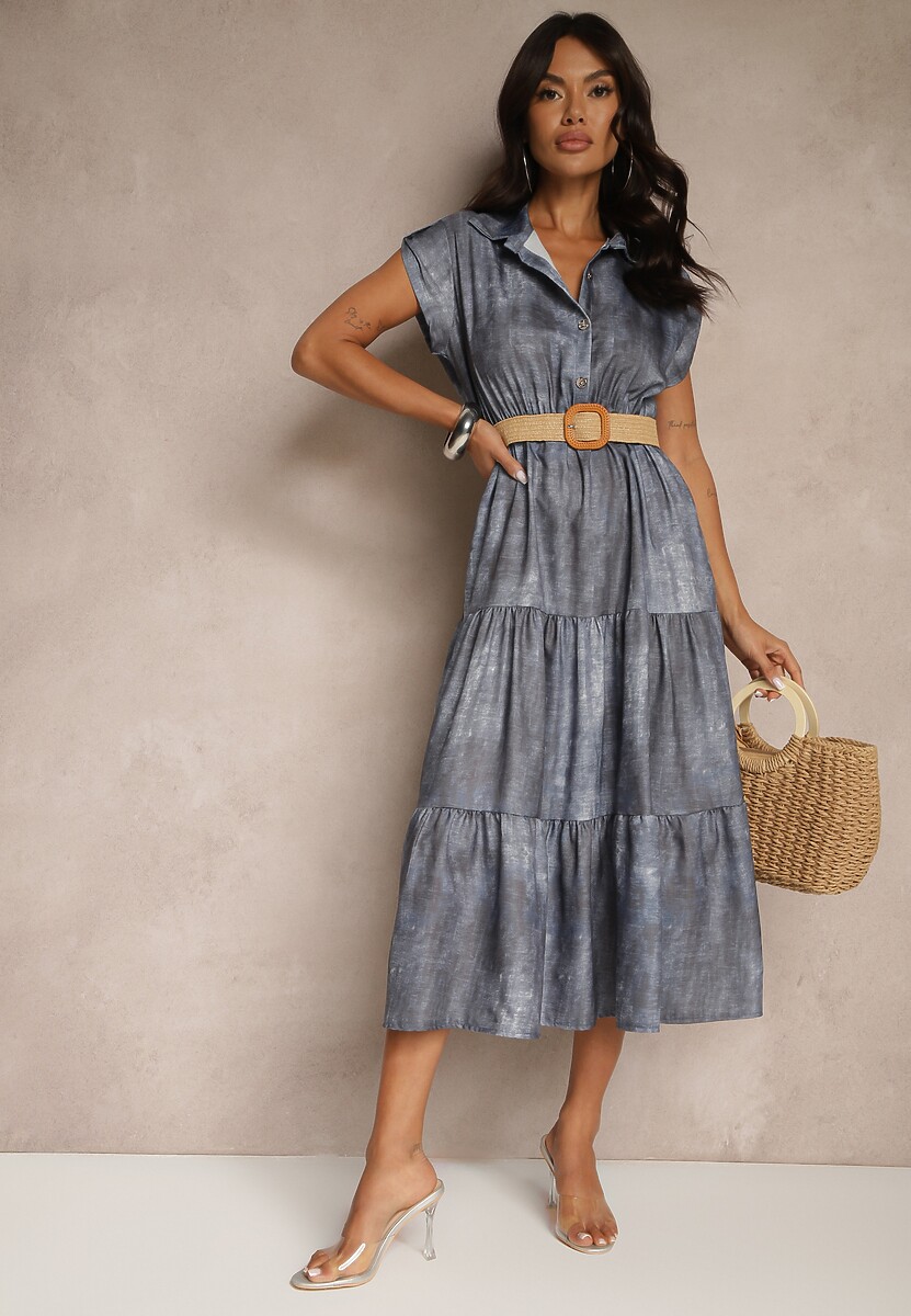 Niebieska Sukienka z Guzikami i Paskiem z Plecionki Fillona
