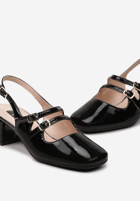 Czarne Czółenka na Niskim Słupku ze Sprzączkami i Noskiem w Kwadrat Seraphela