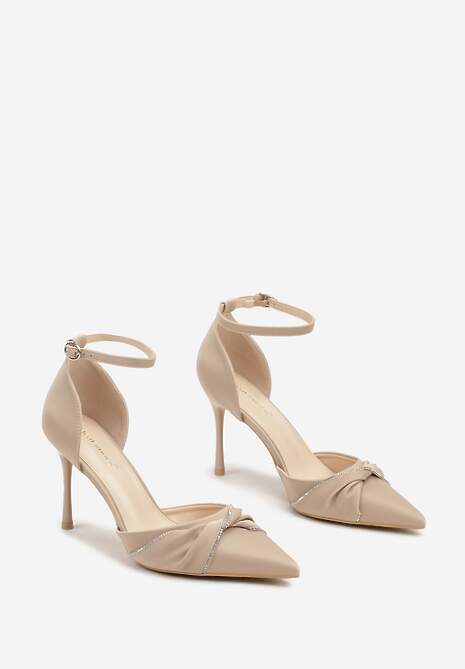 Ciemnobeżowe Szpilki ze Szpiczastym Noskiem Zdobionym Marszczeniem Zapinane na Klamerkę Zivinita