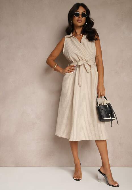 Beżowa Koszulowa Sukienka Bez Rękawów z Wiązanym Paskiem Lideene