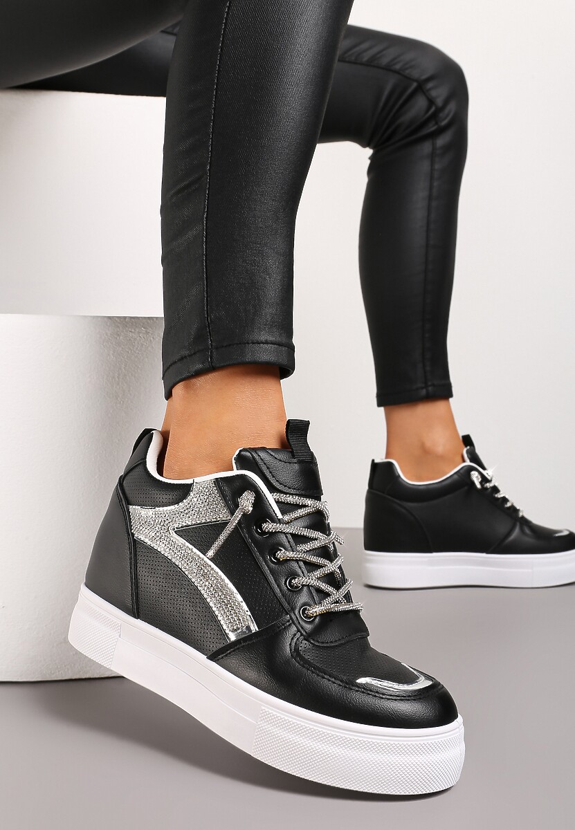 Czarne Sneakersy ze Wstawką z Cyrkonii na Ukrytym Koturnie Hricane