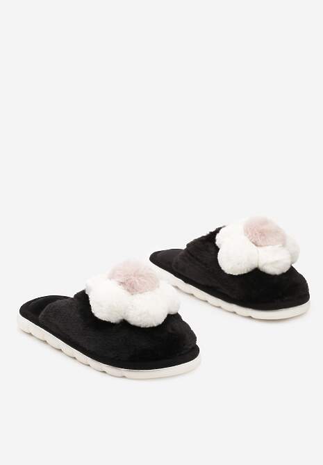 Czarne Kapcie z Futerkiem i Ozdobną Kwiatową Aplikacją Neallith
