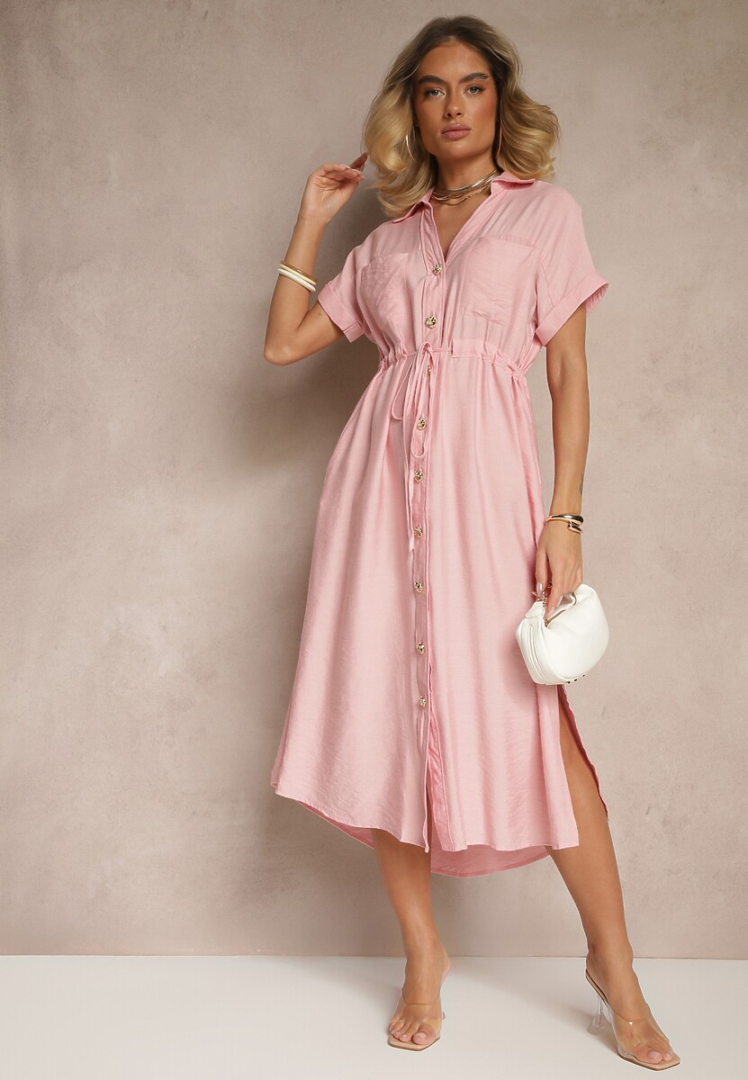 Różowa Wiskozowa Sukienka Koszulowa z Guzikami i Wiązaniem w Talii Velazia