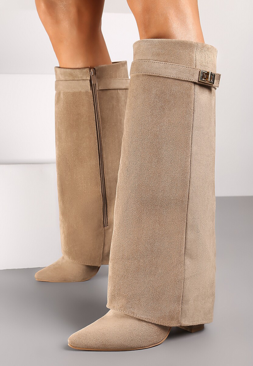 Ciemnobeżowe Kozaki na Słupku z Wywiniętą Cholewką i Klamerką Upaxa