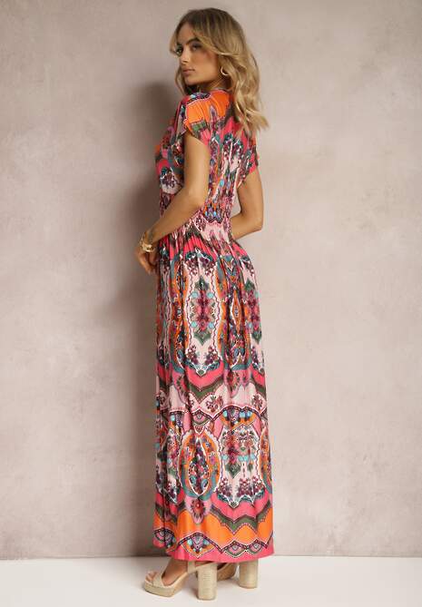 Pomarańczowa Długa Sukienka z Kopertowym Dekoltem i Wzorem Etno z Wiskozy Algrisa