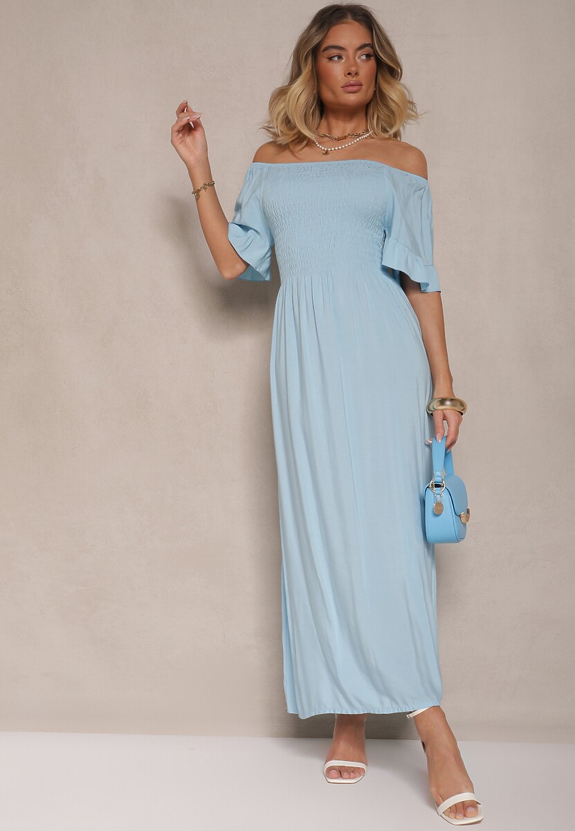 Jasnoniebieska Rozkloszowana Sukienka Hiszpanka z Bawełny z Elastyczną Górą Maissa