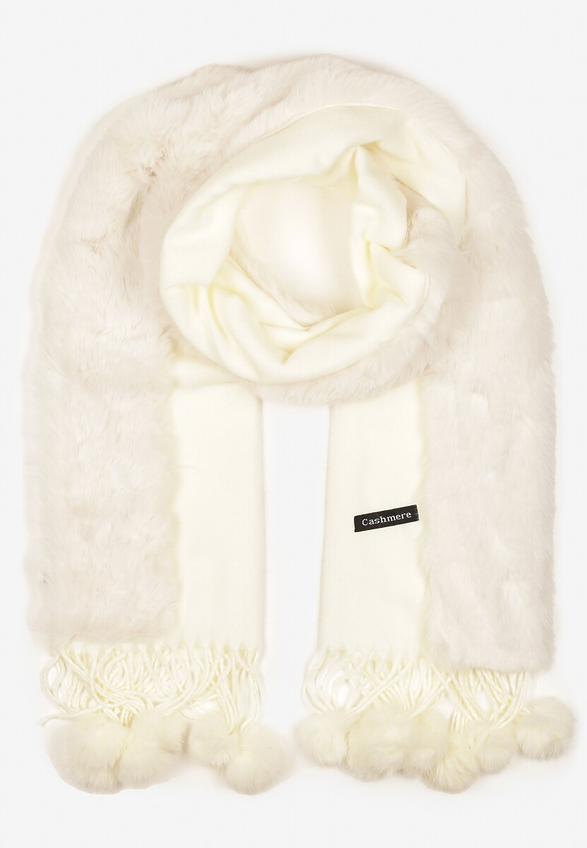 Beżowy Szalik Narzutka o Prostokątnym Fasonie z Futerkiem i Pomponami Taqan