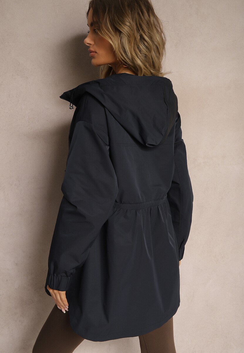 Granatowa Kurtka Parka Ściagana w Pasie Troczkami z Kapturem Evisanale