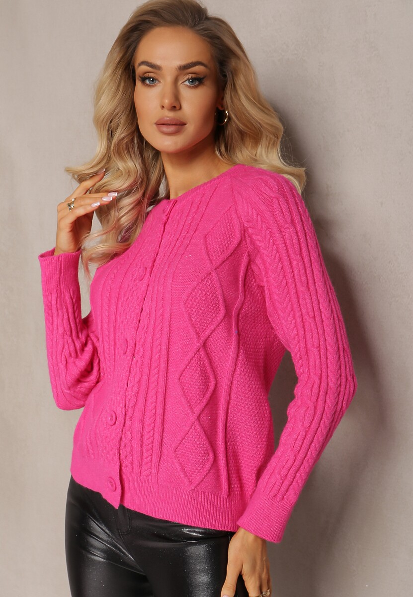 Fuksjowy Zapinany Kardigan w Warkoczykowy Splot Escrivine