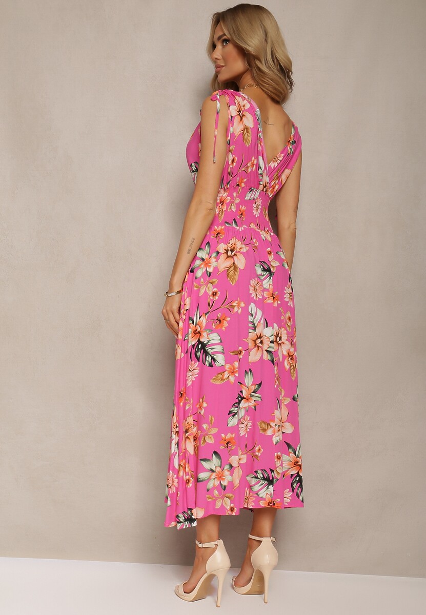 Różowa Kwiecista Sukienka z Gumką w Talii i Trójkątnym Dekoltem ze Ściągaczami Taseria