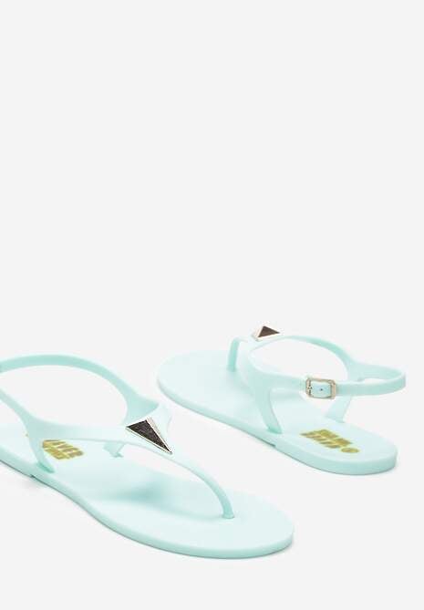 Jasnoniebieskie Płaskie Sandały w Stylu Japonek Zapinane na Sprzączkę z Aplikacją Abirena