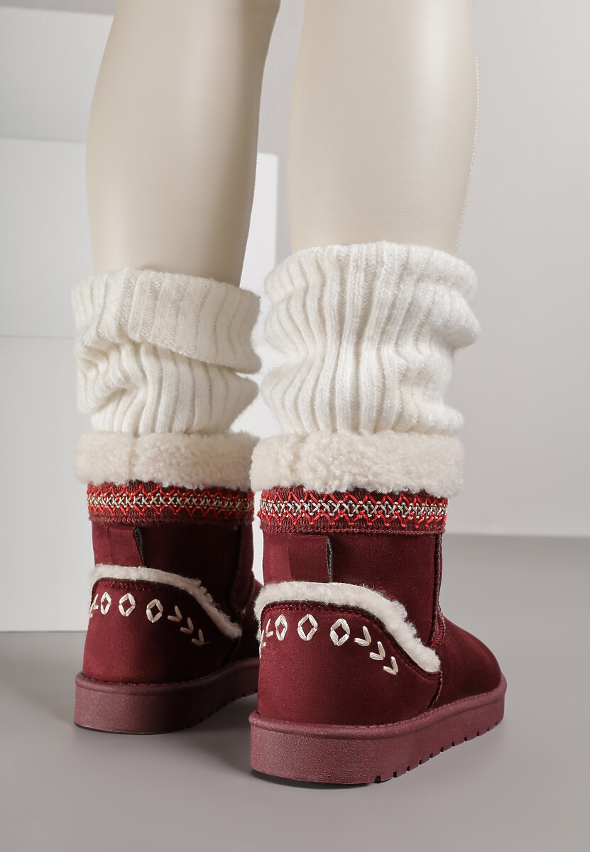 Bordowe Śniegowce o Wsuwanym Fasonie z Haftem i Futrem przy Cholewce Mevinadia