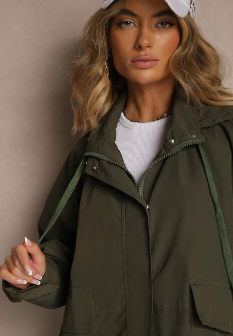 Ciemnozielona Kurtka o Fasonie Oversize z Kapturem Malinessa