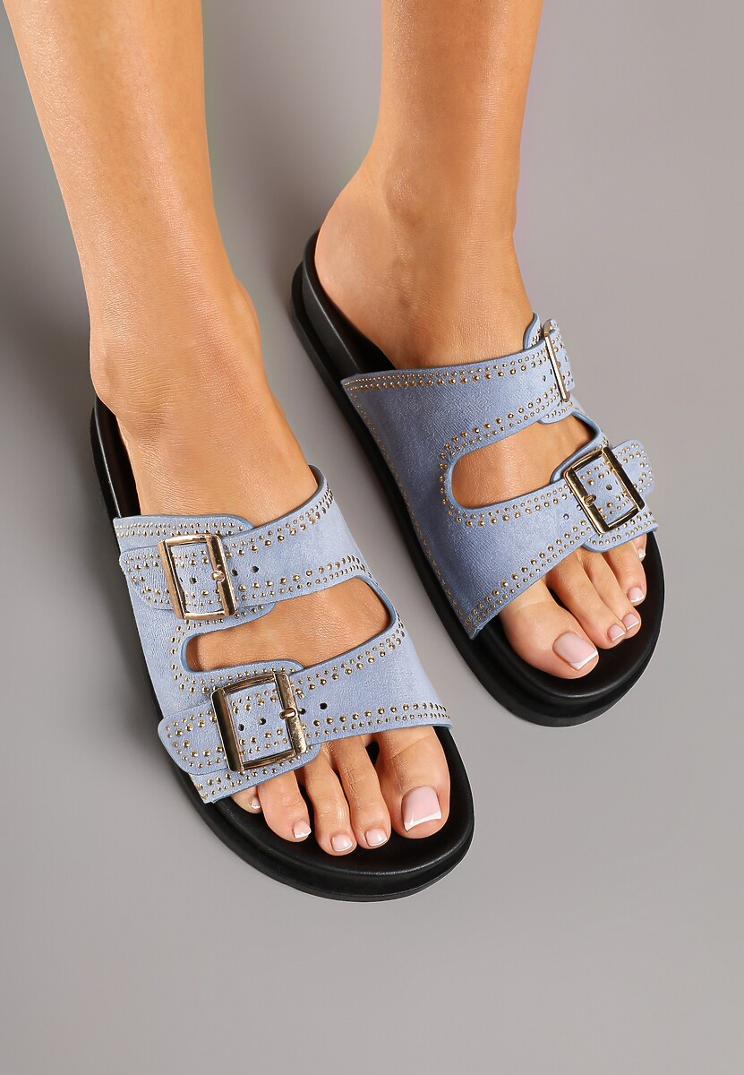 Niebieskie Klapki z Nitami i Klamrami Ezrives