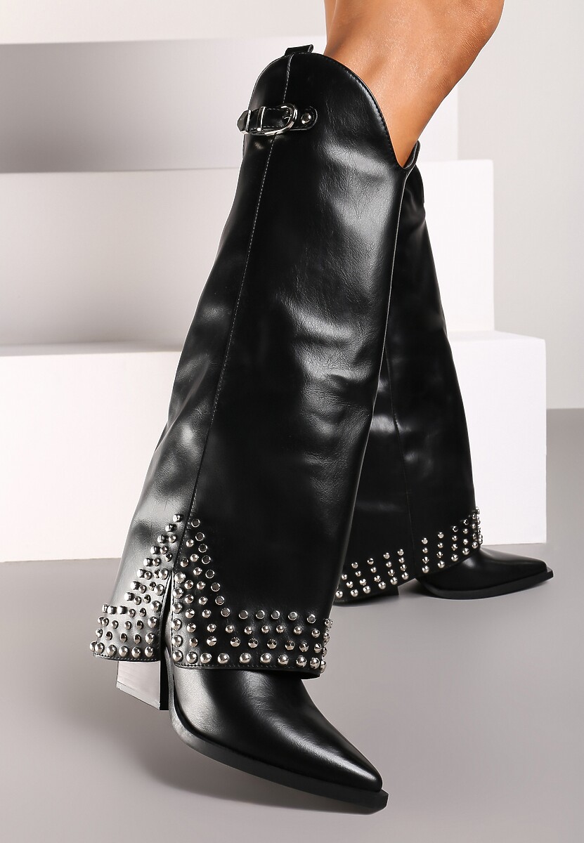 Czarne Kozaki z Ekoskóry w Stylu Kowbojek z Nitami i Wywiniętą Cholewką Irimora