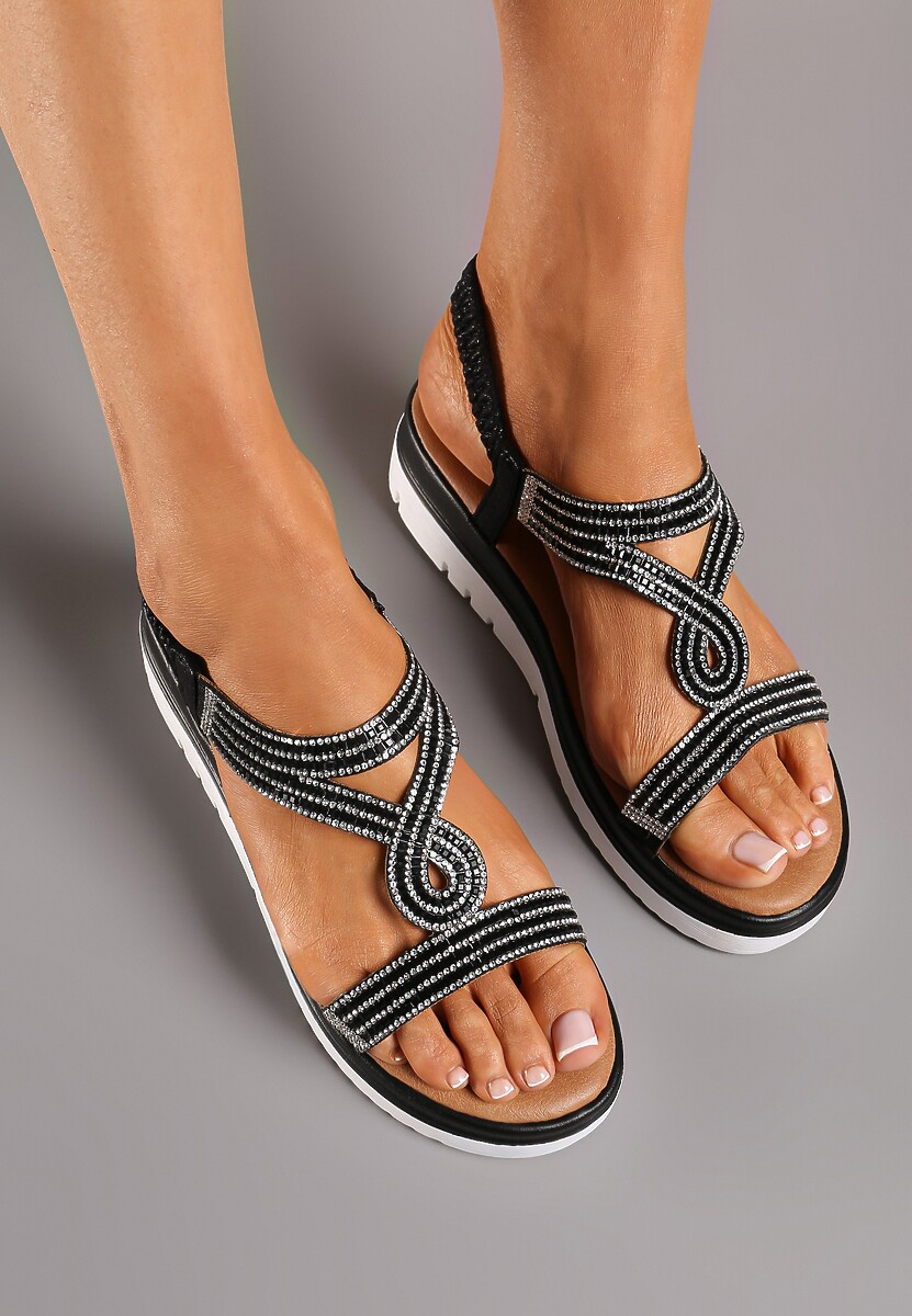 Czarne Sandały z Imitacji Skóry na Platformie z Cyrkoniami Tinbia