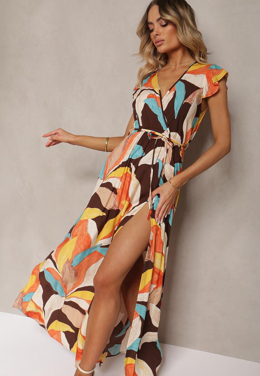 Pomarańczowa Kopertowa Sukienka z Gumką w Talii i Materiałowym Paskiem Ozdobiona Rozcięciem Eletta