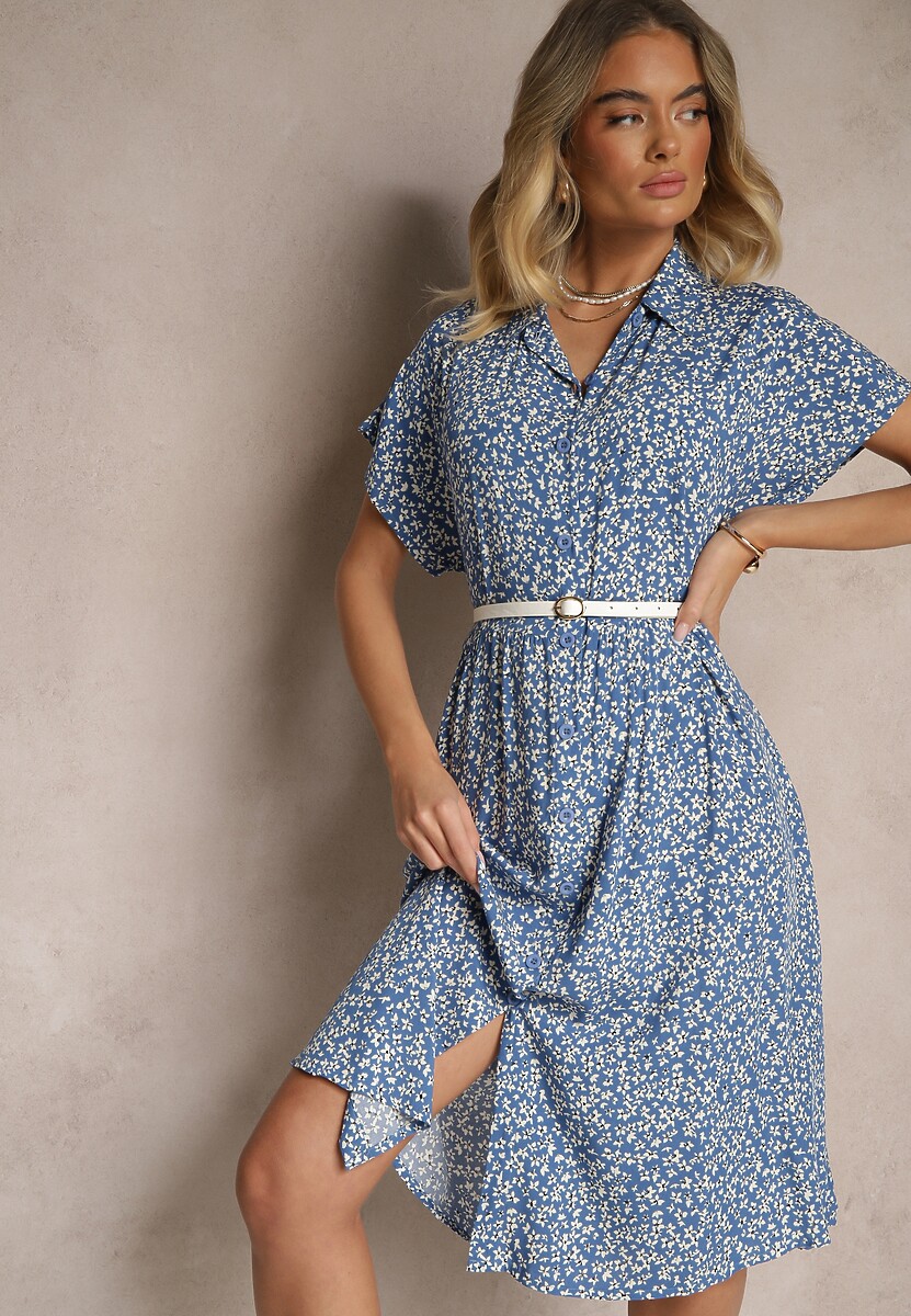 Czarno-Biała Koszulowa Sukienka z Bawełny w Kwiaty o Rozkloszowanym Fasonie Sarilon