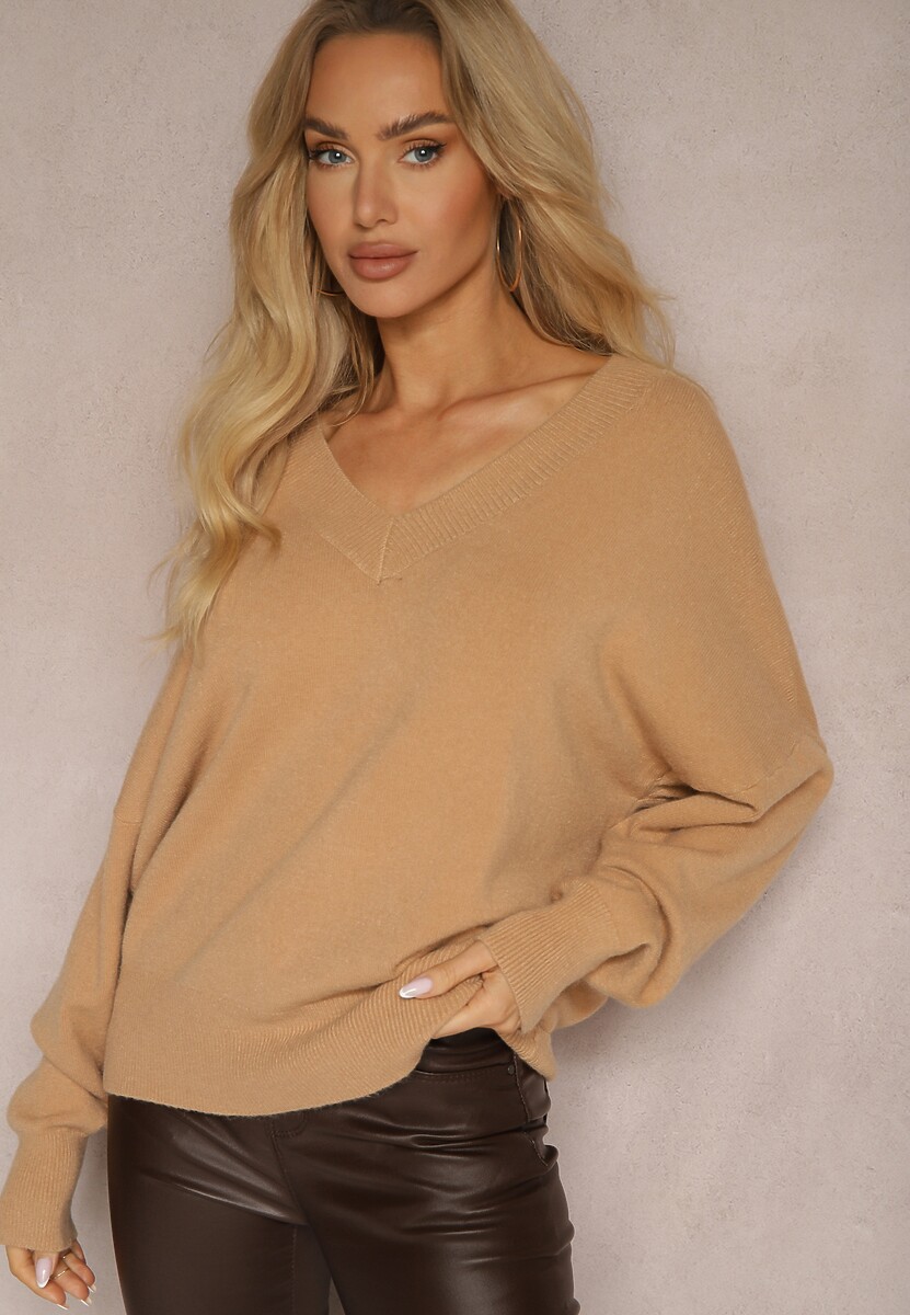 Beżowy Klasyczny Sweter z Wiskozą i Kaszmirem Marirra