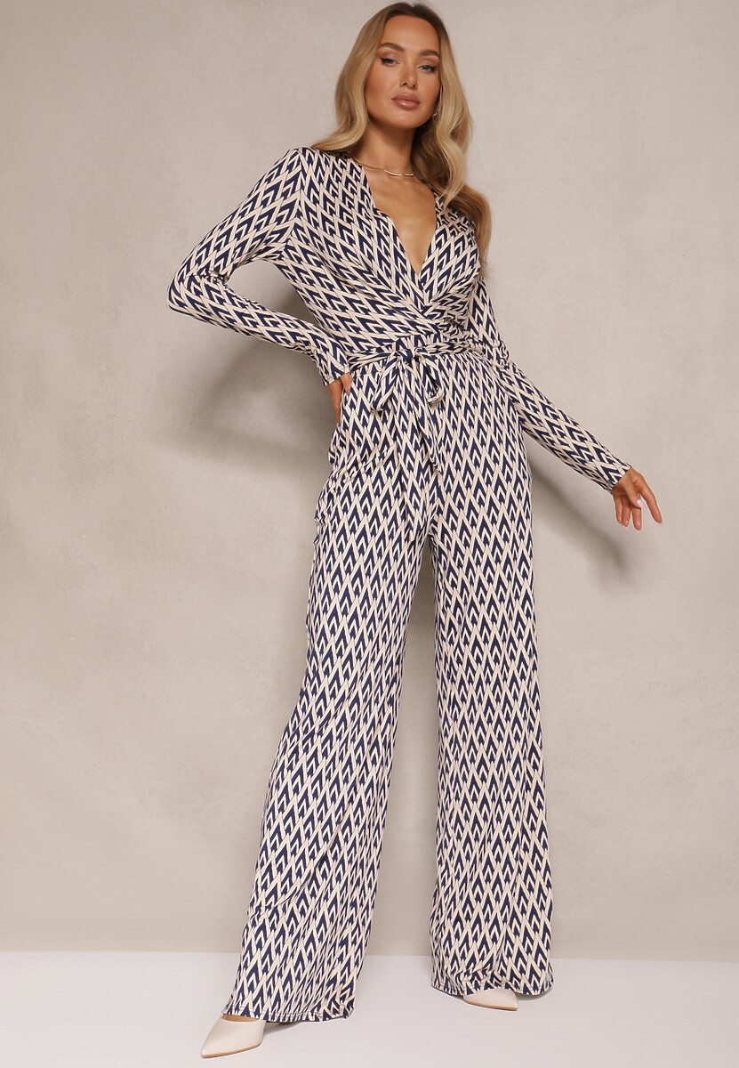 Czarny Kombinezon z Kopertowym Dekoltem Paskiem i Geometrycznym Printem Sarilen