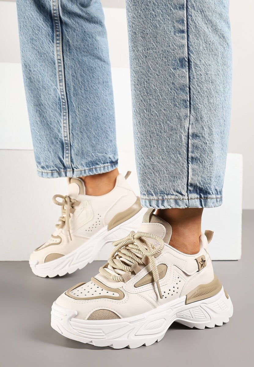 Beżowe Sneakersy Streetwearowe na Grubej Podeszwie Waniffia