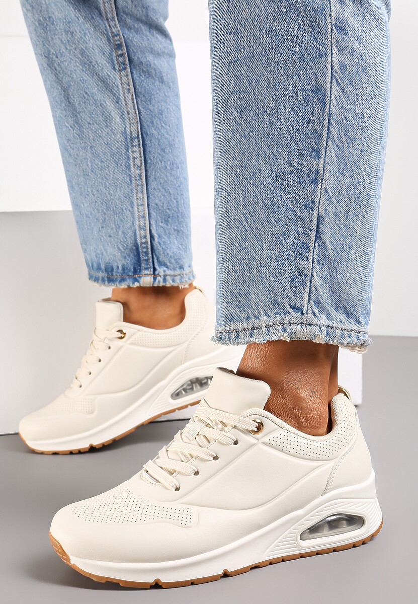 Beżowe Sneakersy z Imitacji Skóry na Podeszwie Air ze Sznurowaniem Nirele